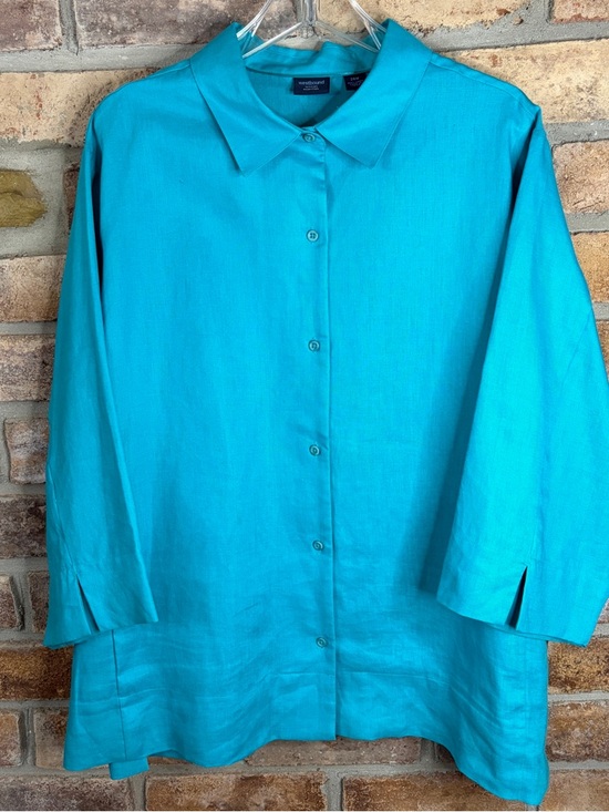 Westbound Tops - WESTBOUND Women’s Linen Tailored Turquoise Button-Front Collared Top
